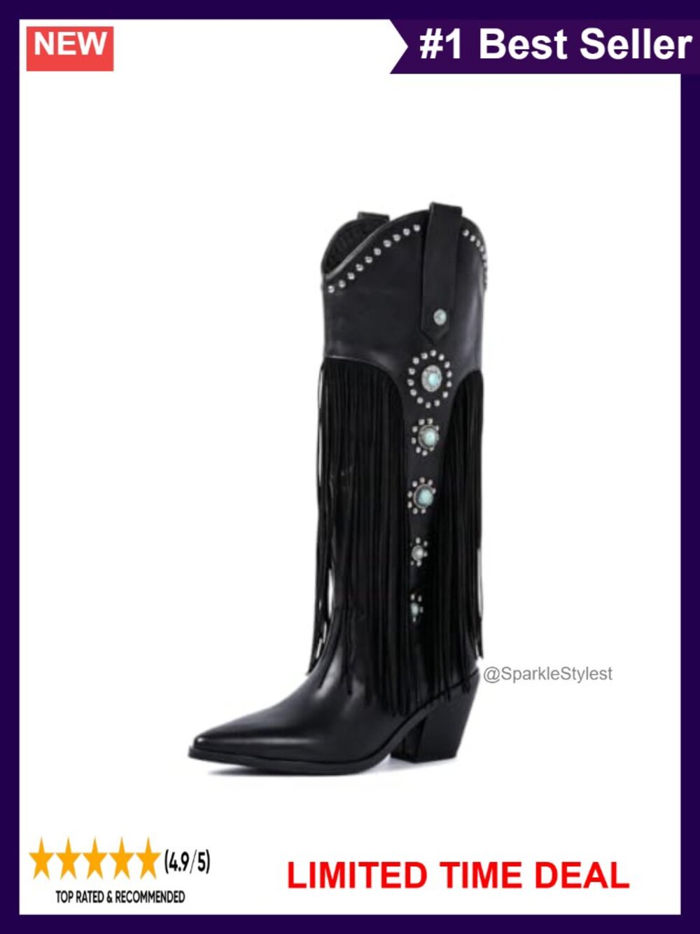 Faux Leather Western Boots Pointed Toe Fringe Block Heel Pull-On